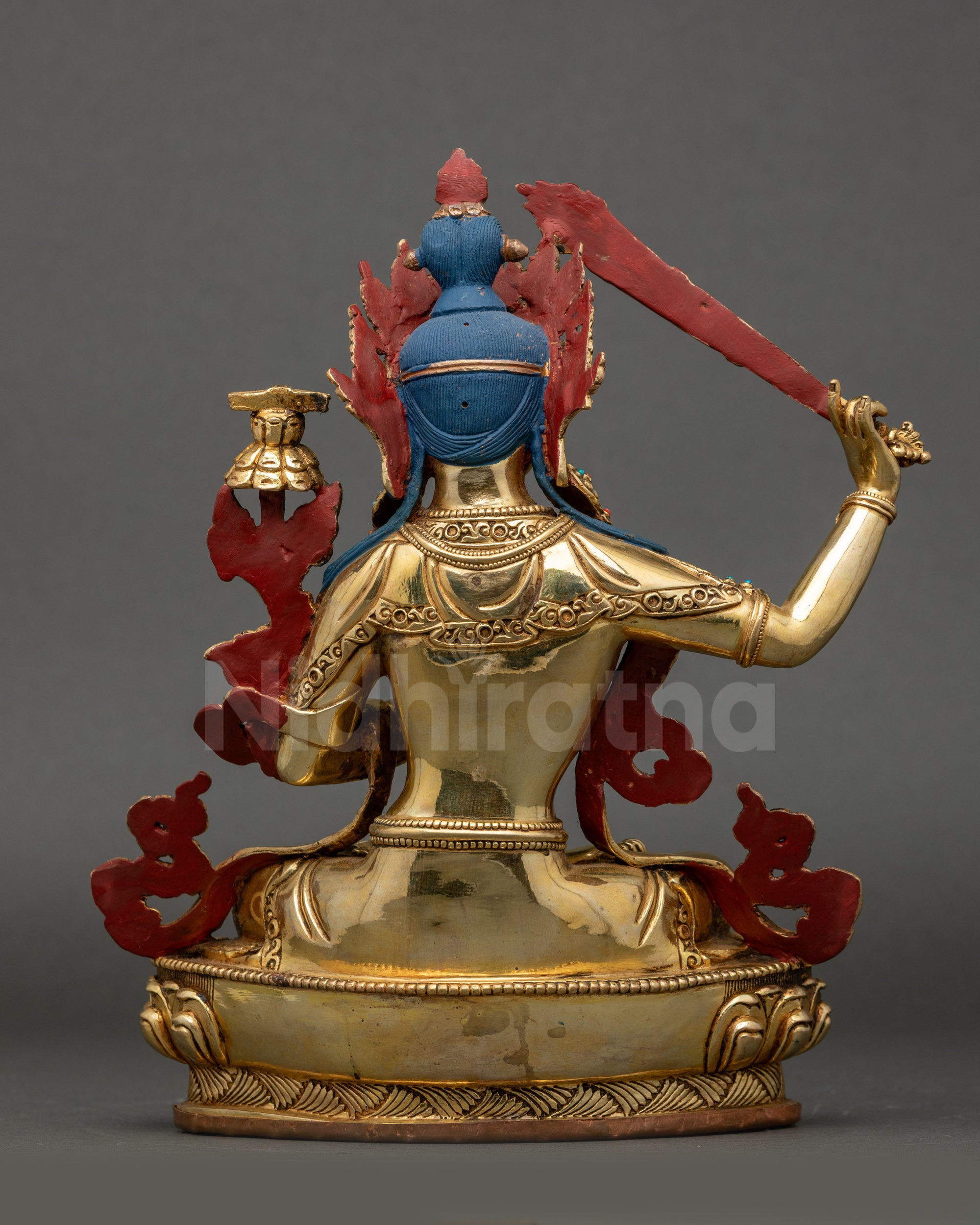 Back view Manjushree Statue, handmade Nepalese copper meditation sculpture