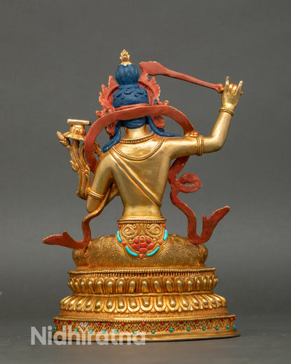 Back view Manjushree statue copper body gold finish, handcrafted Himalayan Buddhist art