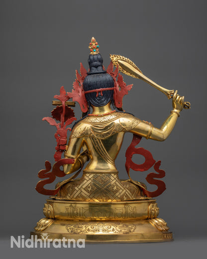 Back view Manjushri Sculpture displaying double-layered lotus throne and detailed carvings