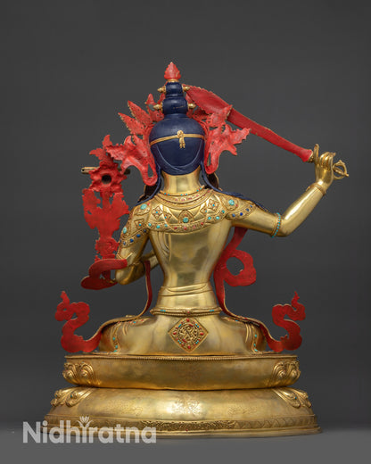 Back view Manjushri Sculpture showing intricate robes and lotus seat details