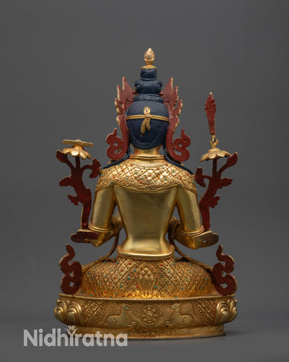 Back view Manjushri Statue highlighting intricate carvings and gold-gilded copper body