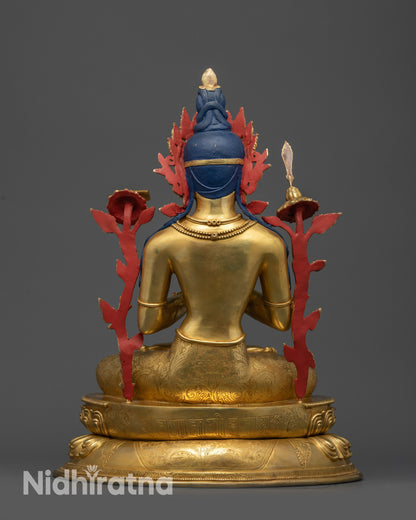 Back view Manjushri Statue with lotus seat carvings of Manjushri mantra for meditation