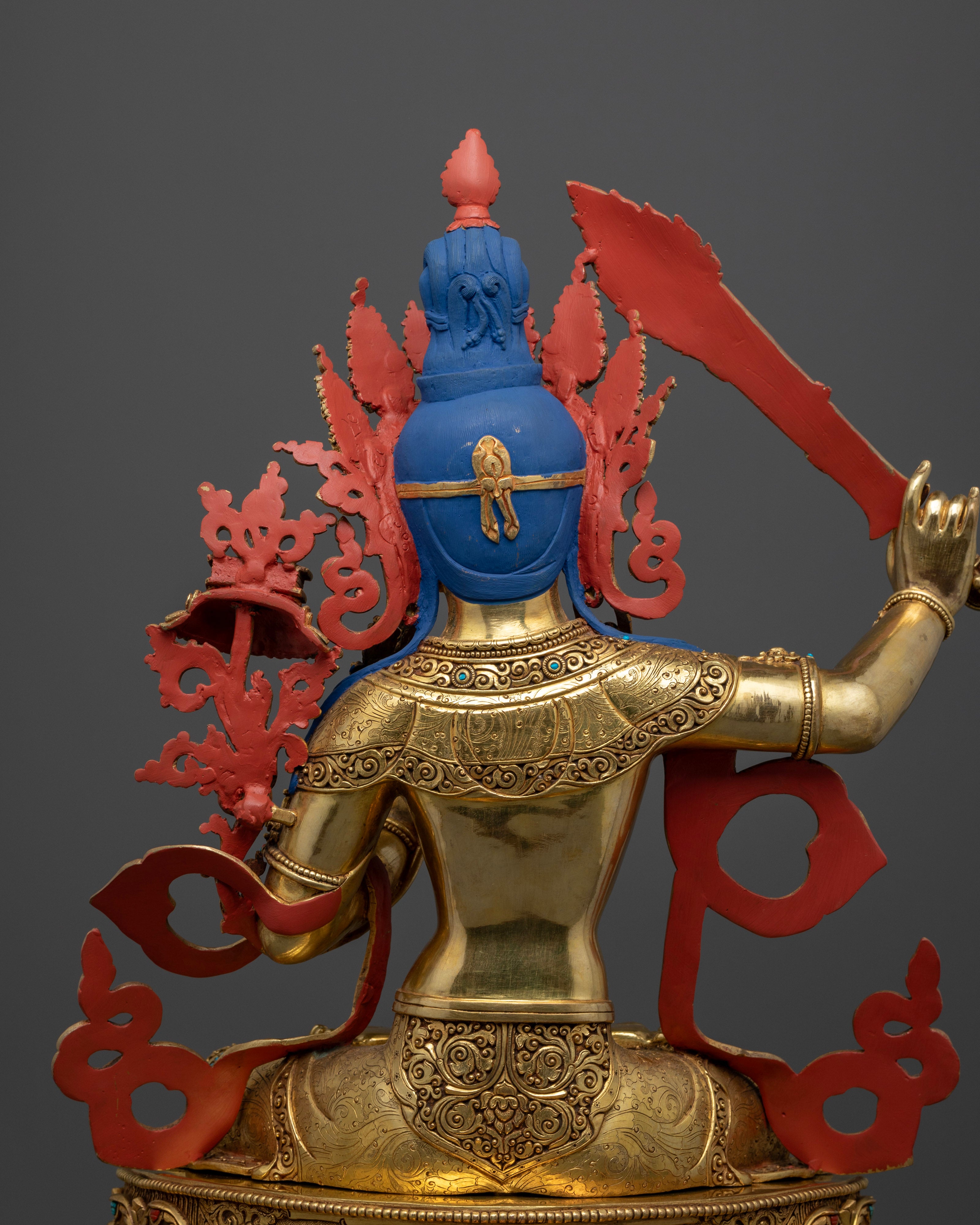 Back view Manjushri statue double lotus seat detailed carvings meditation sacred art