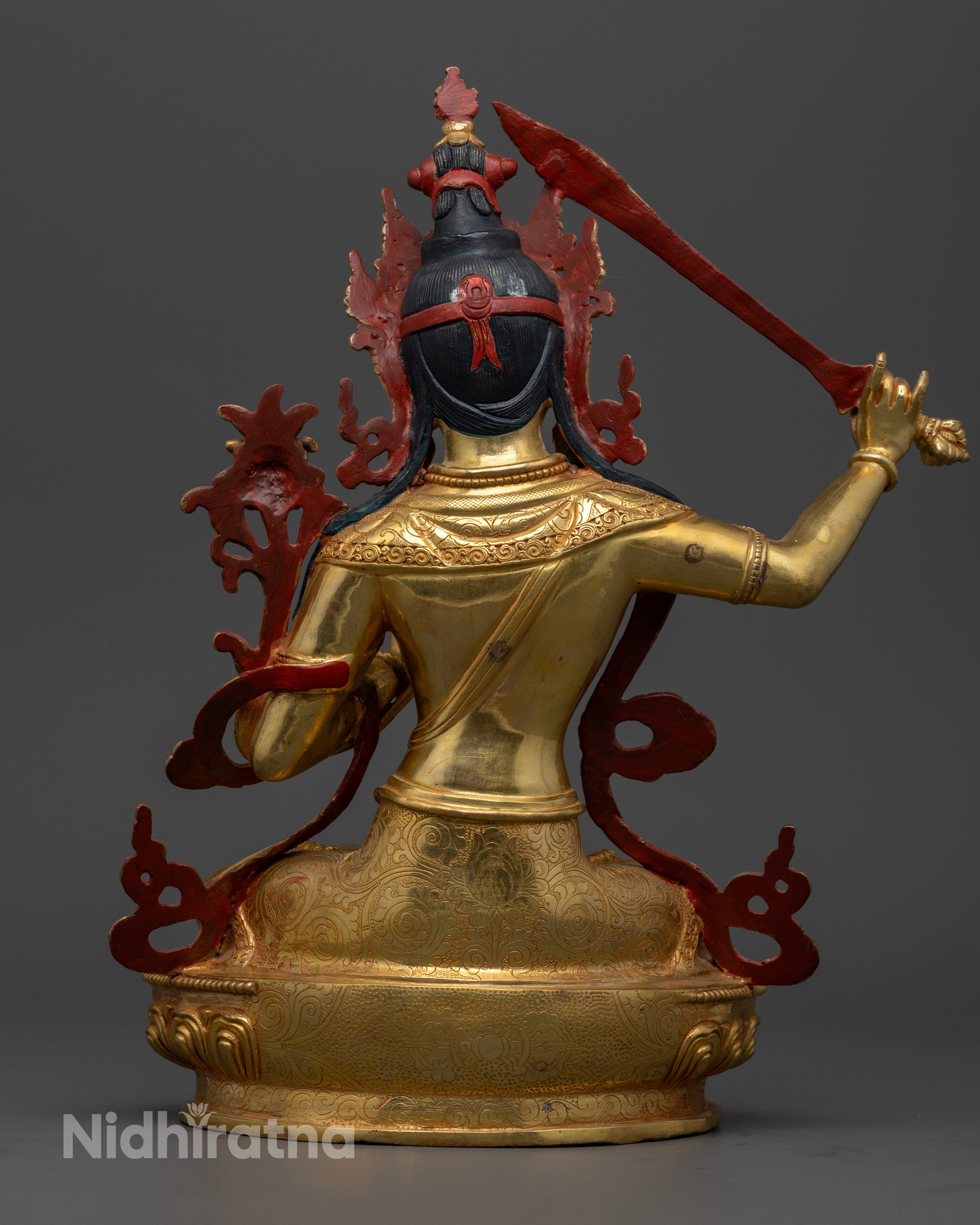 Back view Manjushri statue lotus throne crown details handmade Nepal Buddhist art