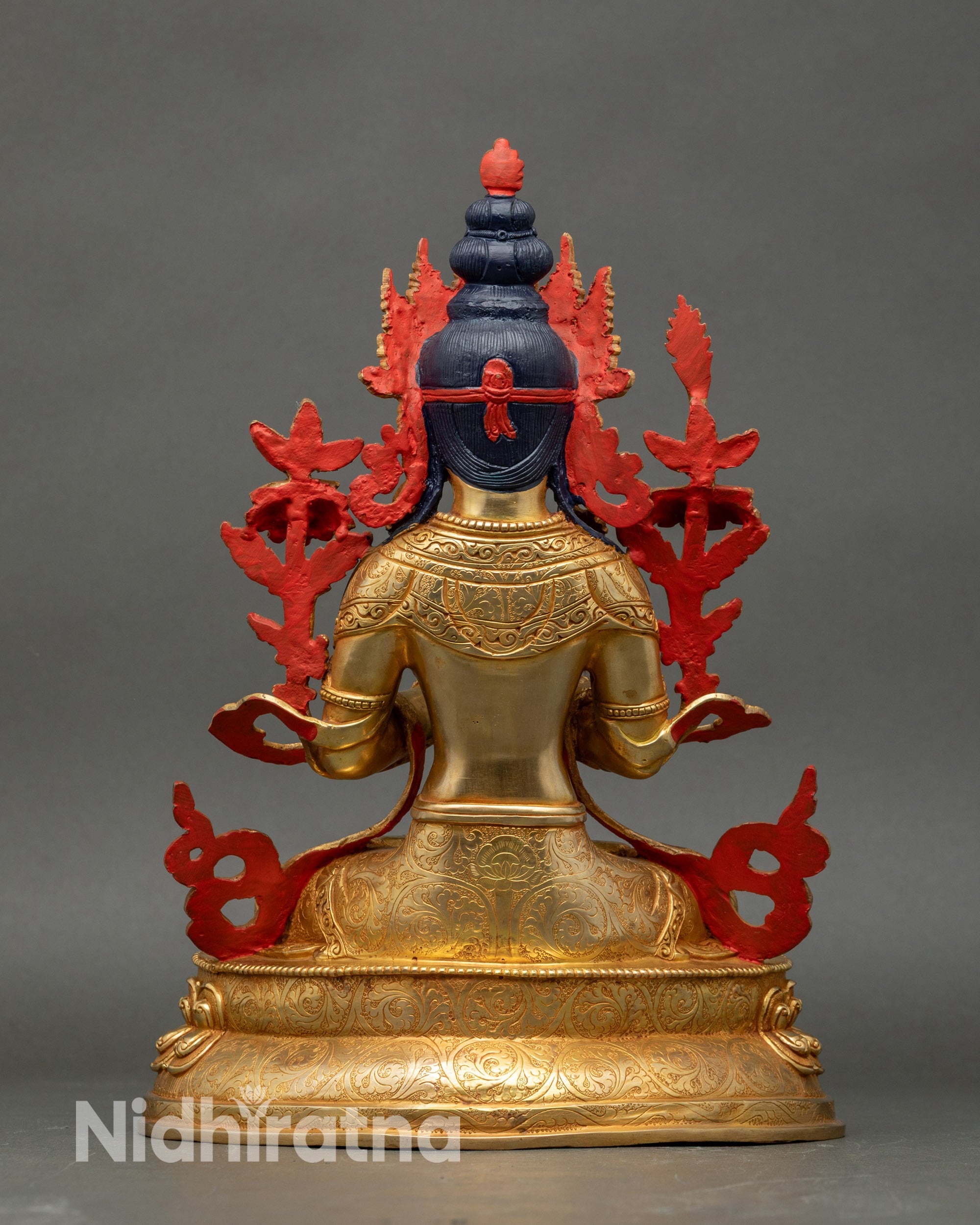 Back view Manjushri statue showing detailed robe folds and intricate Himalayan craftsmanship