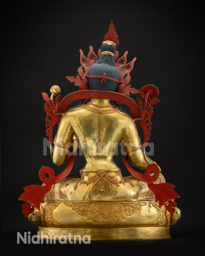 Back view Masterpiece Green Tara Statue showing intricately carved swirling robe