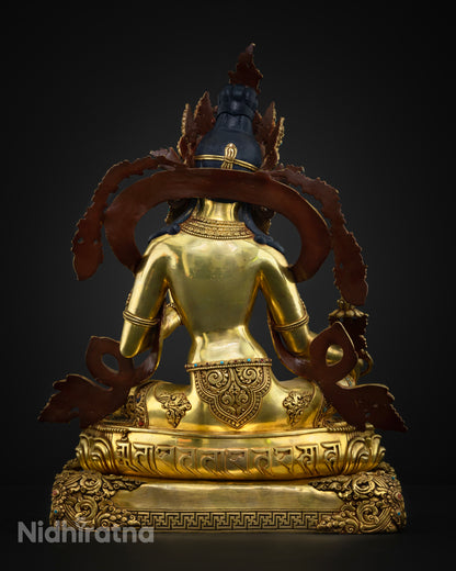 Back view Masterpiece Green Tara statue with hand-carved ornaments and lotus pedestal, traditional Nepalese Buddhist décor