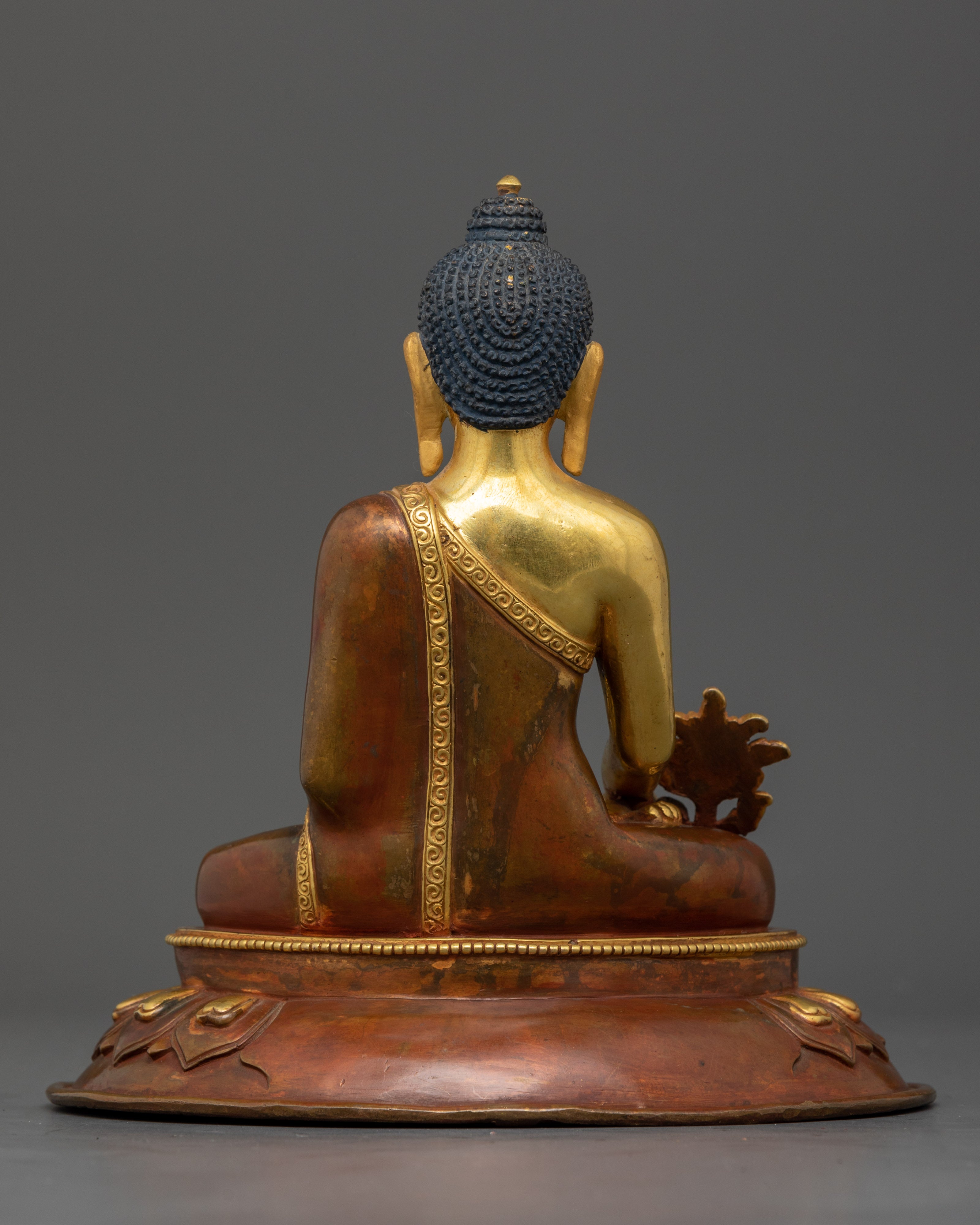 Back view Medicine Buddha copper statue hand-painted colors Himalayan Buddhist sculpture