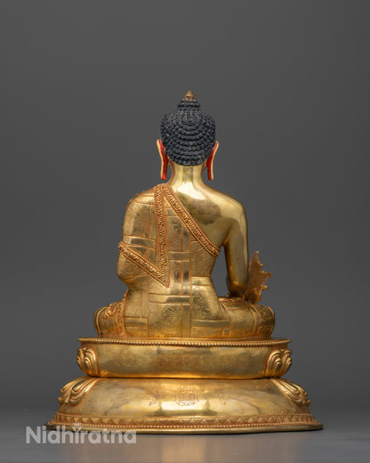 Back view Medicine Buddha sculpture double lotus throne intricate patterns spiritual art