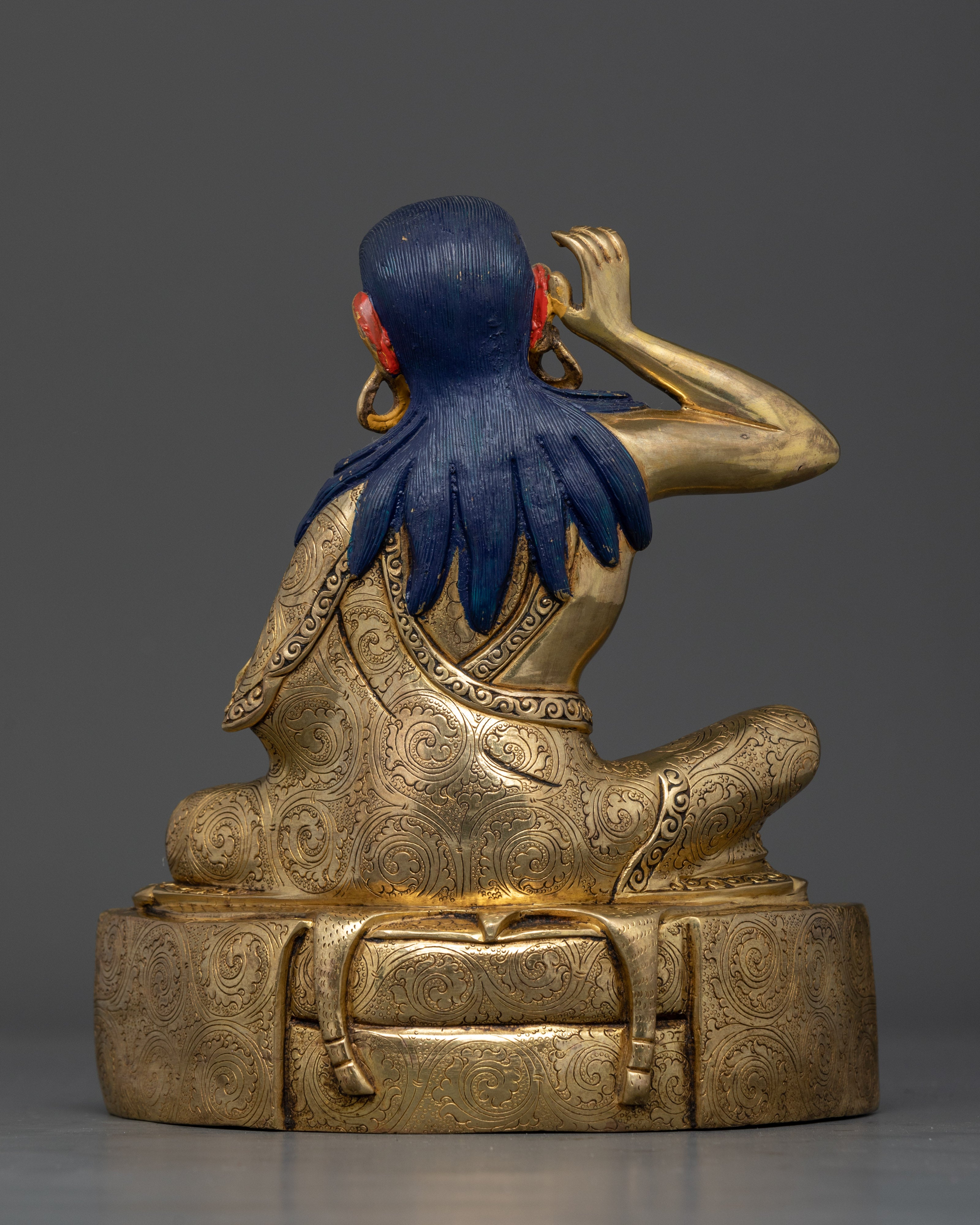 Back view Milarepa copper statue gold fire-gilded finish craftsmanship Nepal