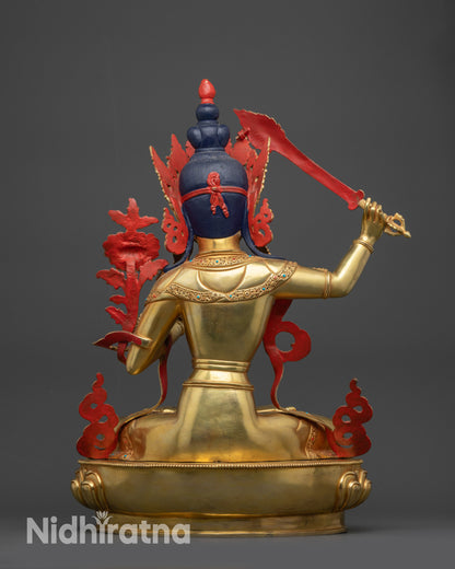 Back view Monju Bosatsu Statue displaying flowing robe and meticulous Nepalese craftsmanship