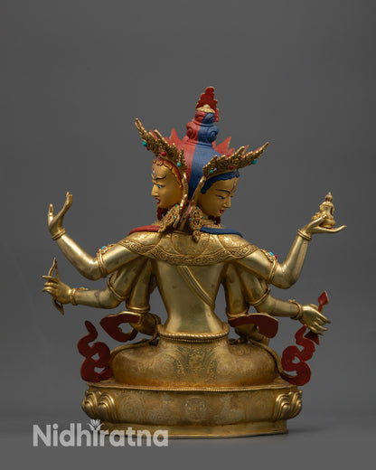 Back view Namgyalma statue highlighting dual deer and dharmachakra on lotus seat