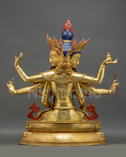 Back view Namgyalma statue with dual deer and dharmachakra carved on lotus base