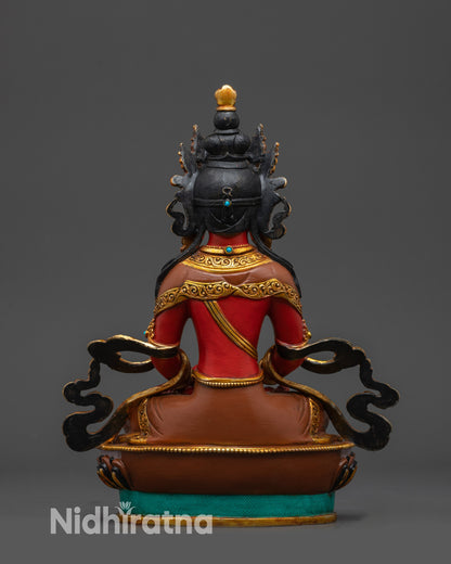 Back view Nepalese Amitayus Buddha statue back showing lotus pedestal and robe details