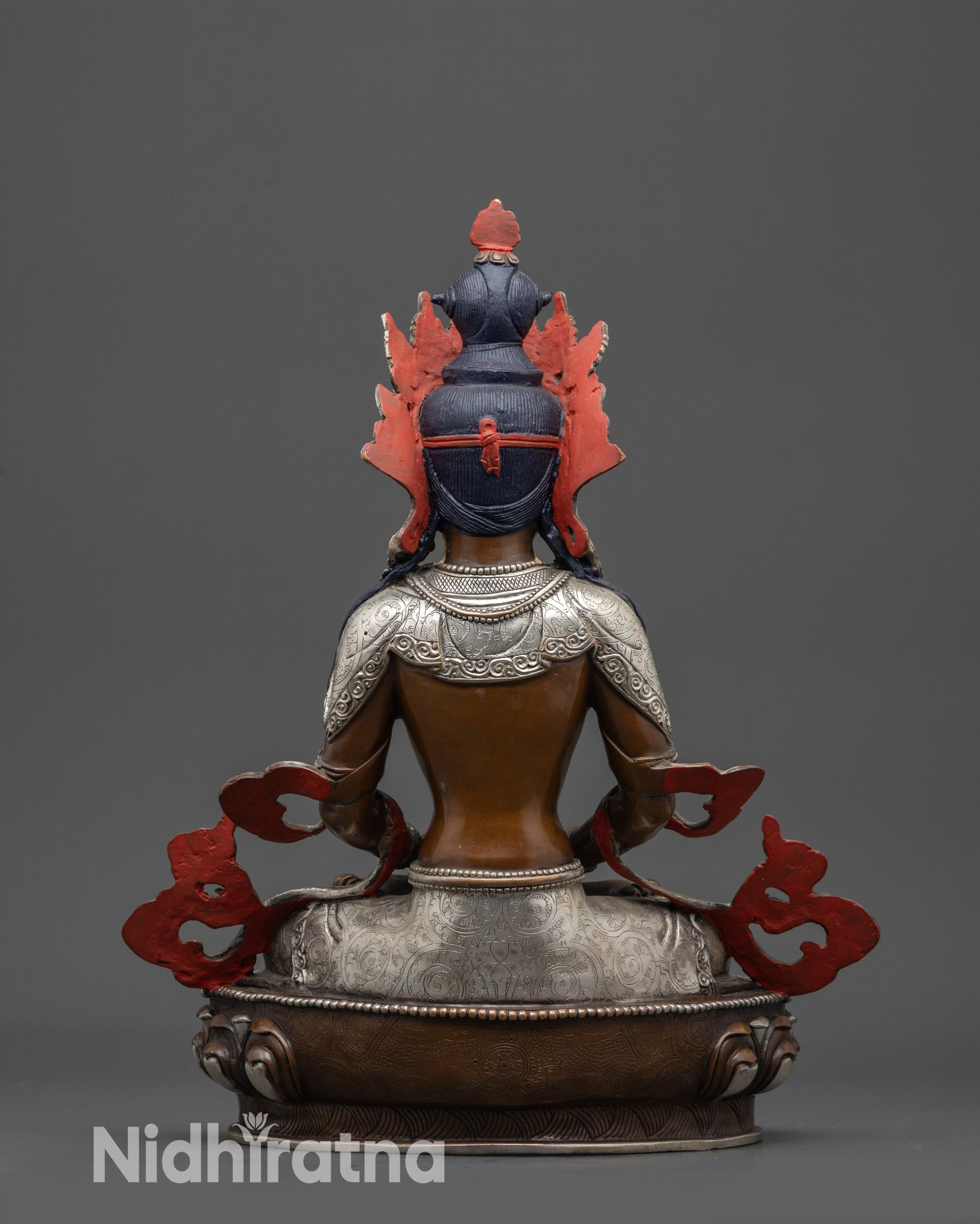 Back view Nepalese Amitayus meditation sculpture, jeweled crown, copper body, spiritual blessing