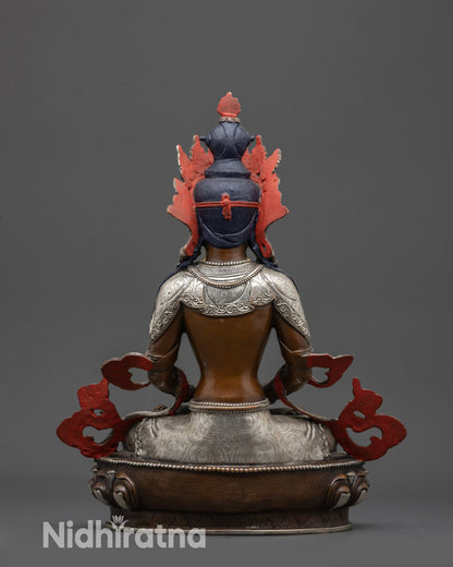 Back view Nepalese Amitayus meditation sculpture, jeweled crown, copper body, spiritual blessing