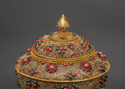 Back view Neshi Rice Pot highlighting detailed filigree and sacred Tibetan ritual design