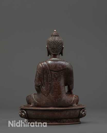 Back view Oxidized Buddha Mitrugpa Statue highlighting detailed lotus base carvings
