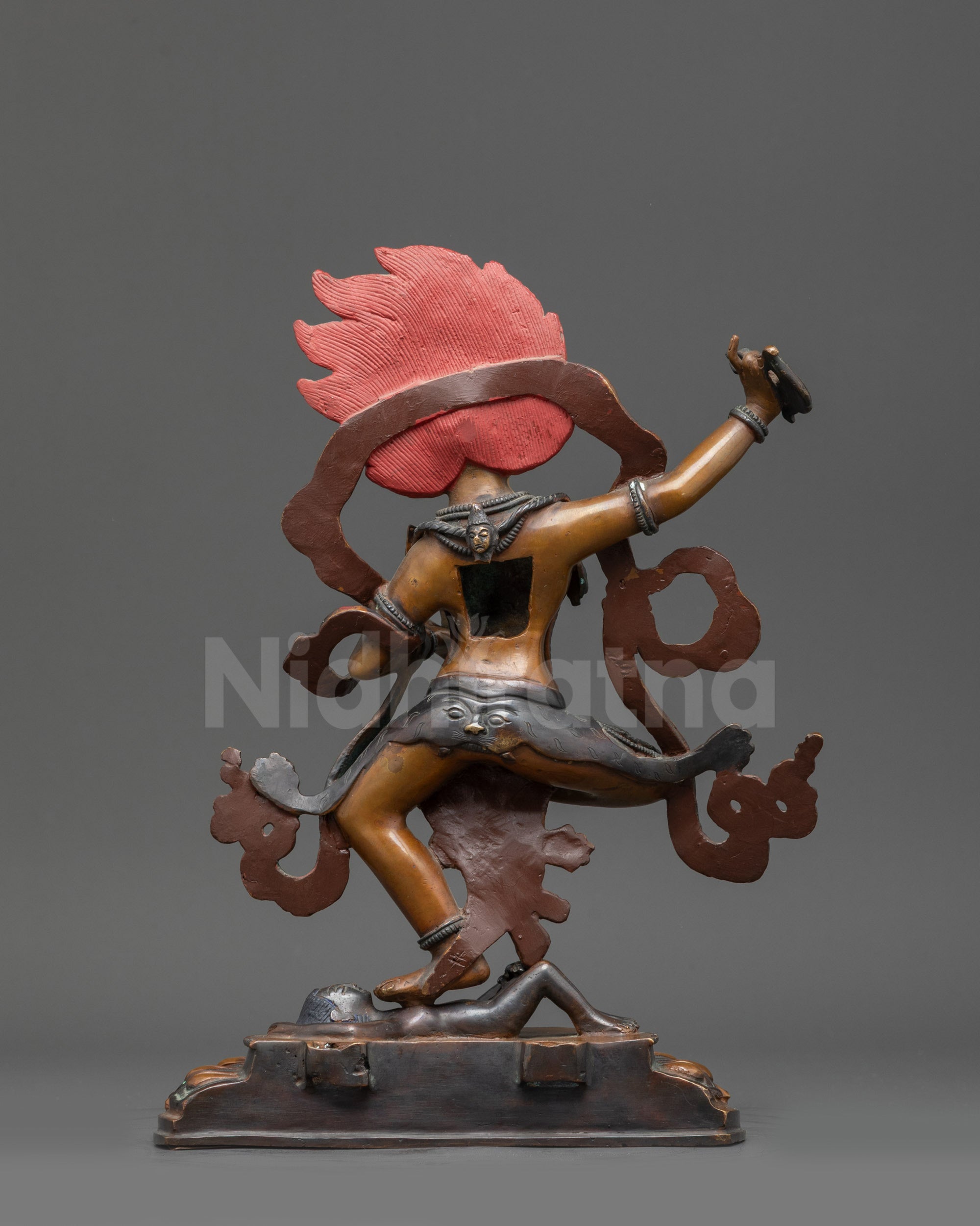 Back view Oxidized Simha Mukha Statue highlighting halo and intricate back details