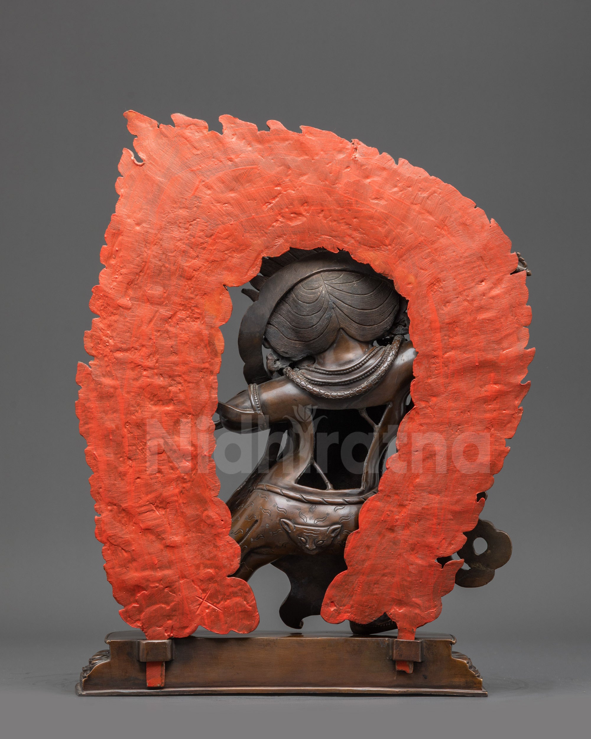 Back view Oxidized Vajrapani Statue highlighting halo and intricate back details