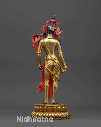 Back view Padmapani statue showing intricate crown and lotus pedestal details