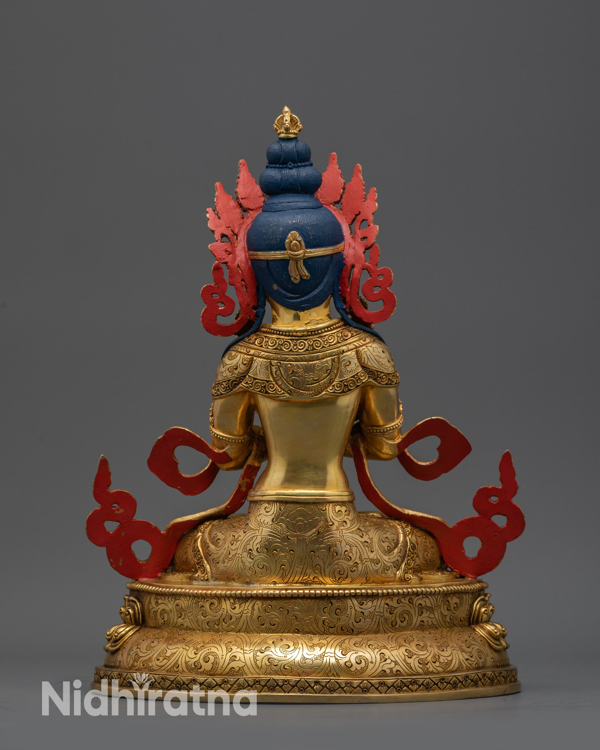 Back view Primordial Vajradhara Statue with carved lotus seat jewelry patterns