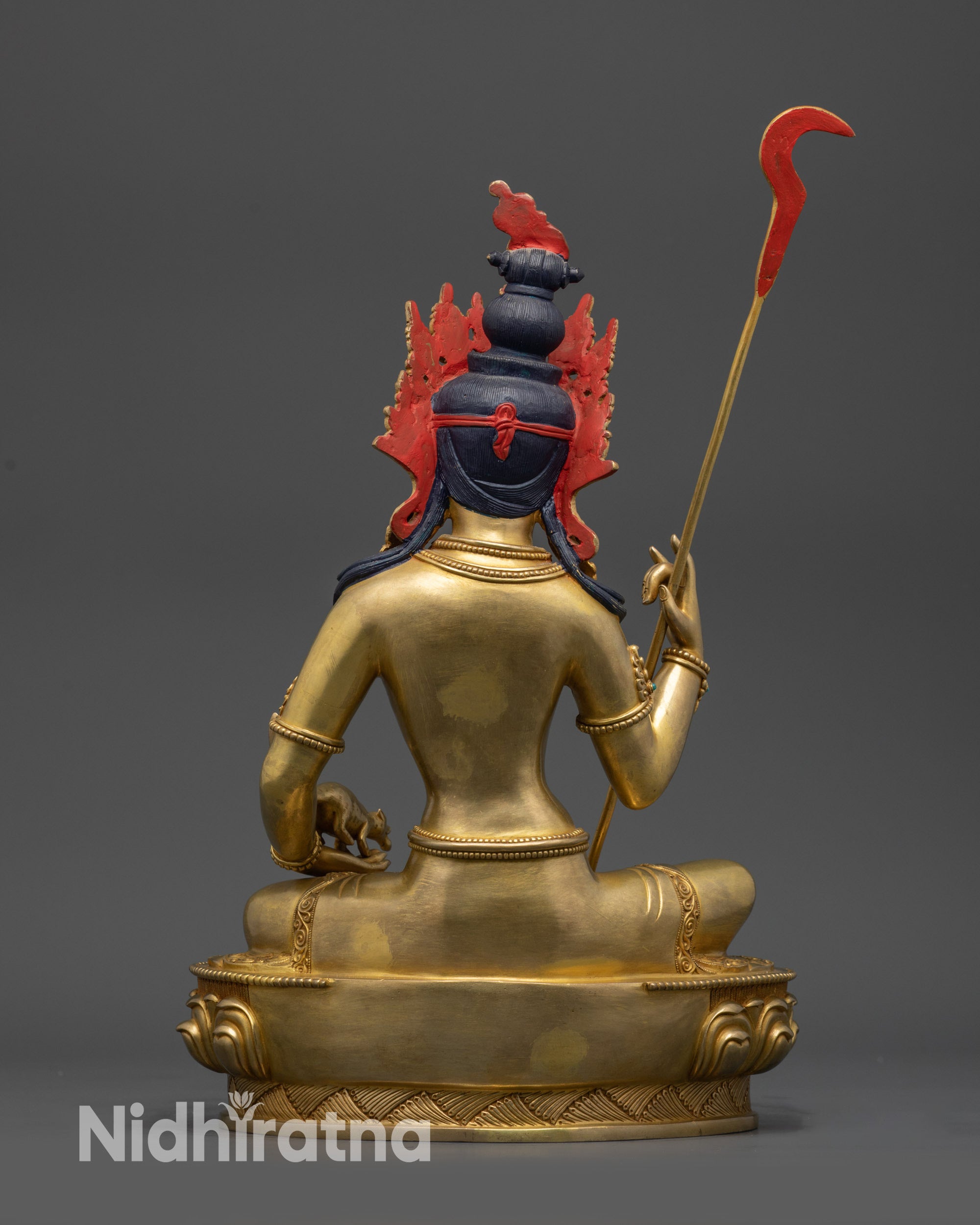 Back view Red Tara Himalayan handcrafted statue on lotus pedestal with detailed patterns