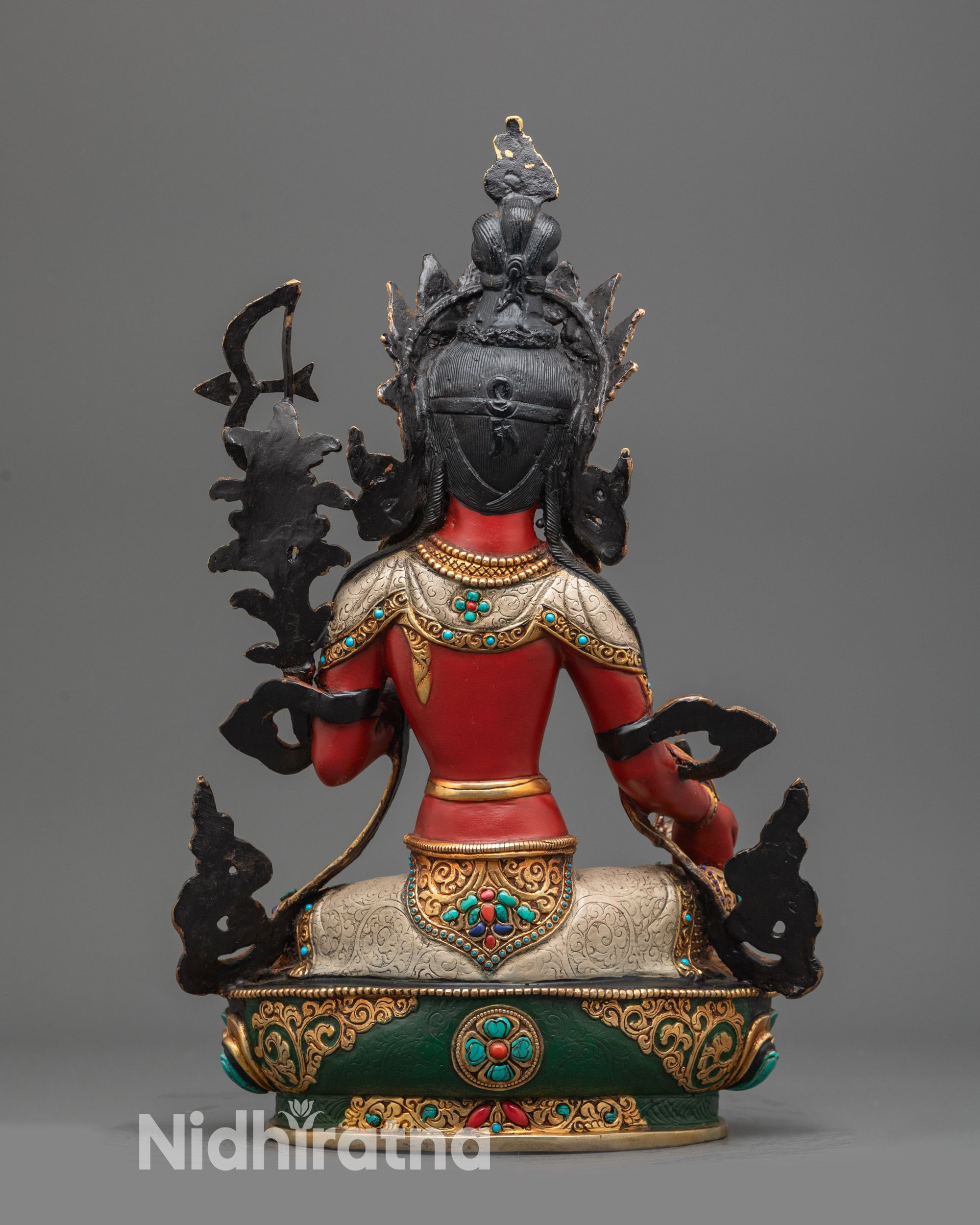 Back view Red Tara Statue adorned with carvings and semi-precious stones from Nepal