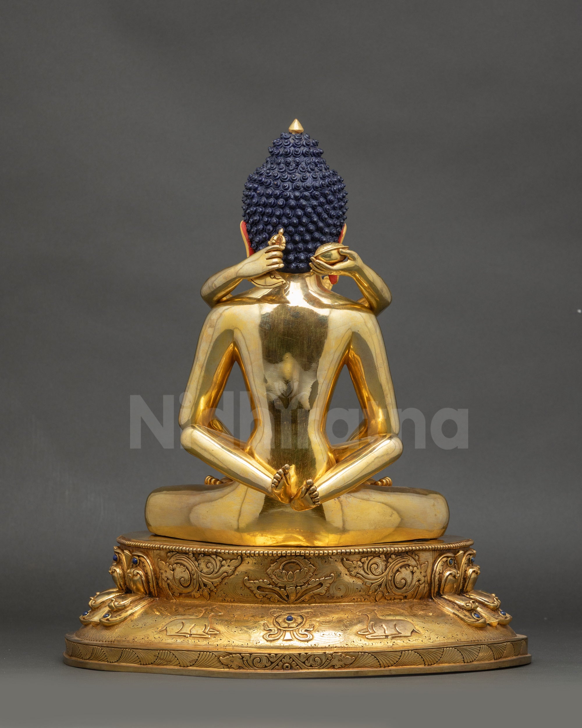 Back view Samantabhadra Yab Yum Adibuddha sculpture copper lotus pedestal polished surface