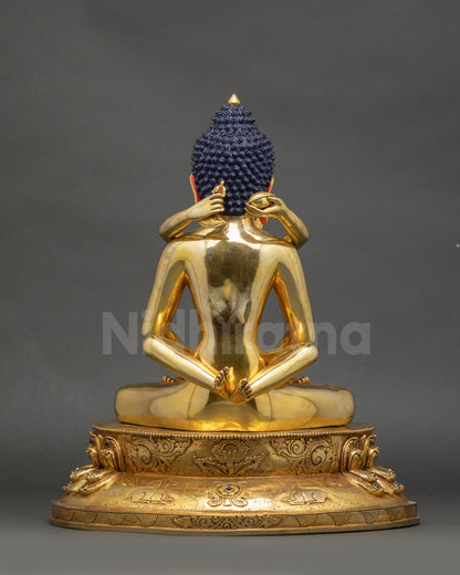 Back view Samantabhadra Yab Yum Adibuddha sculpture copper lotus pedestal polished surface