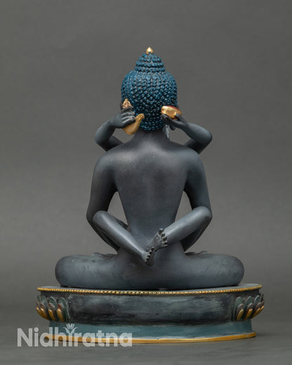 Back view Samantabhadra and Consort statue, vajra posture, intricate carvings, sacred décor