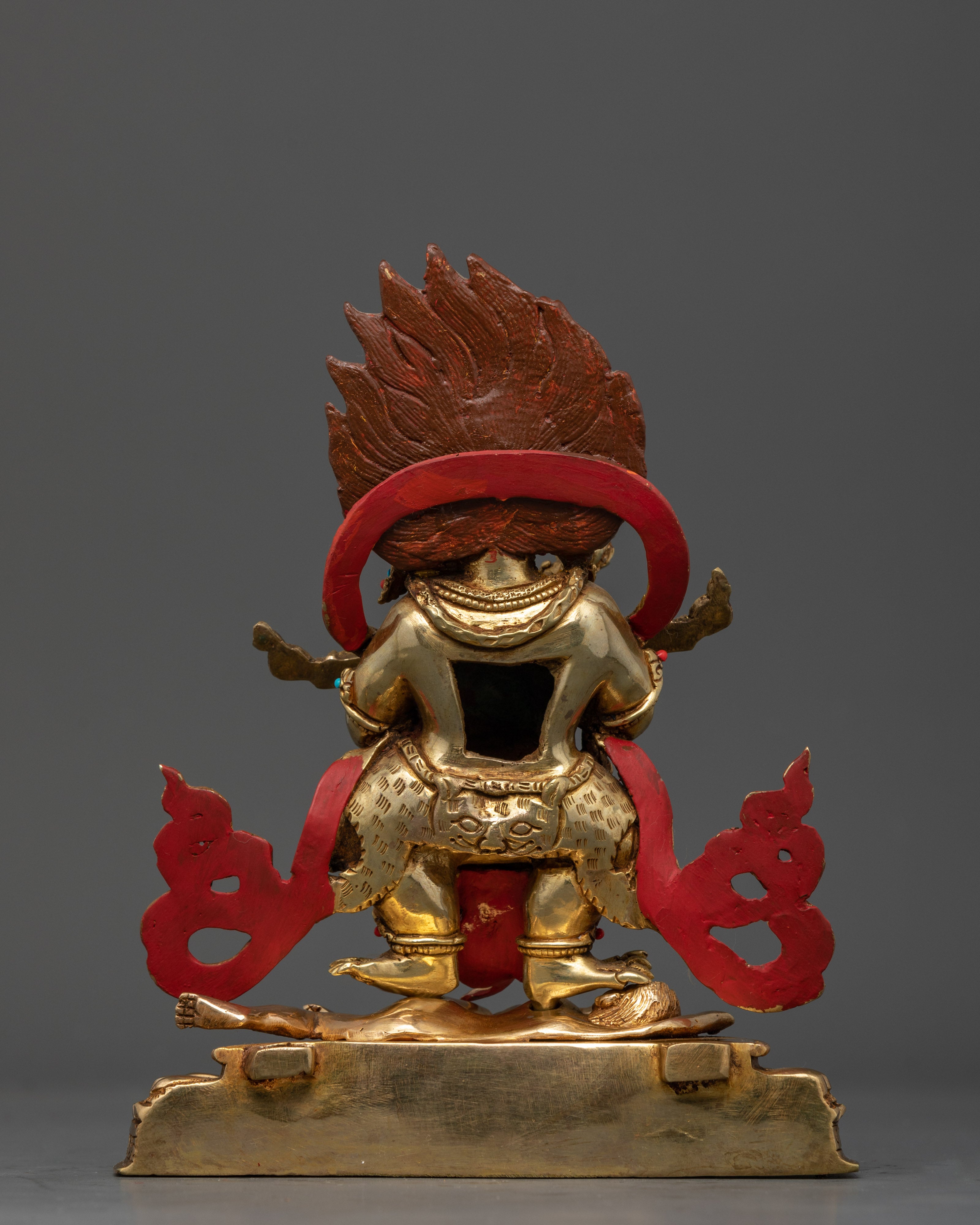 Back view Shakya Mahakala copper statue intricate halo small deities Garuda
