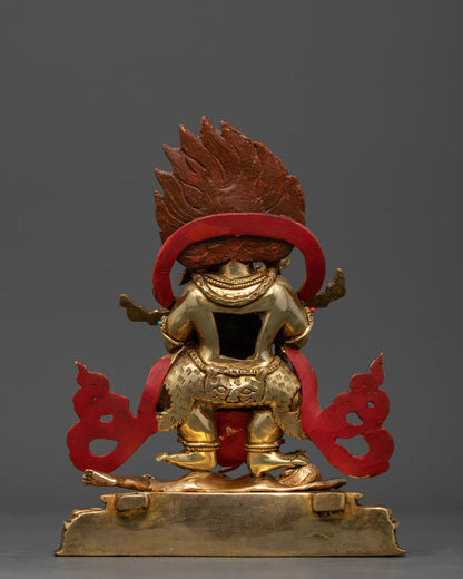 Back view Shakya Mahakala copper statue intricate halo small deities Garuda