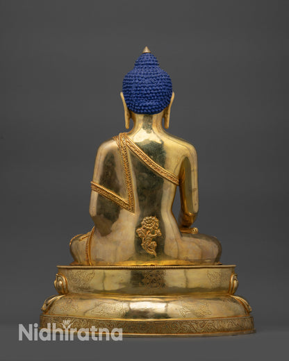 Back view Shakyamuni Buddha Statue showing pair of deers and carved dharma wheel