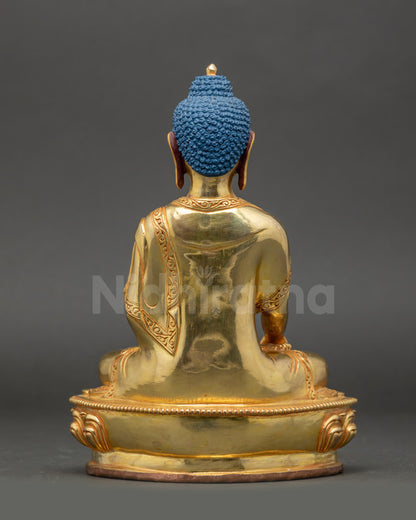 Back view Shakyamuni Buddha – gold fire-gilded copper statue with detailed lotus base