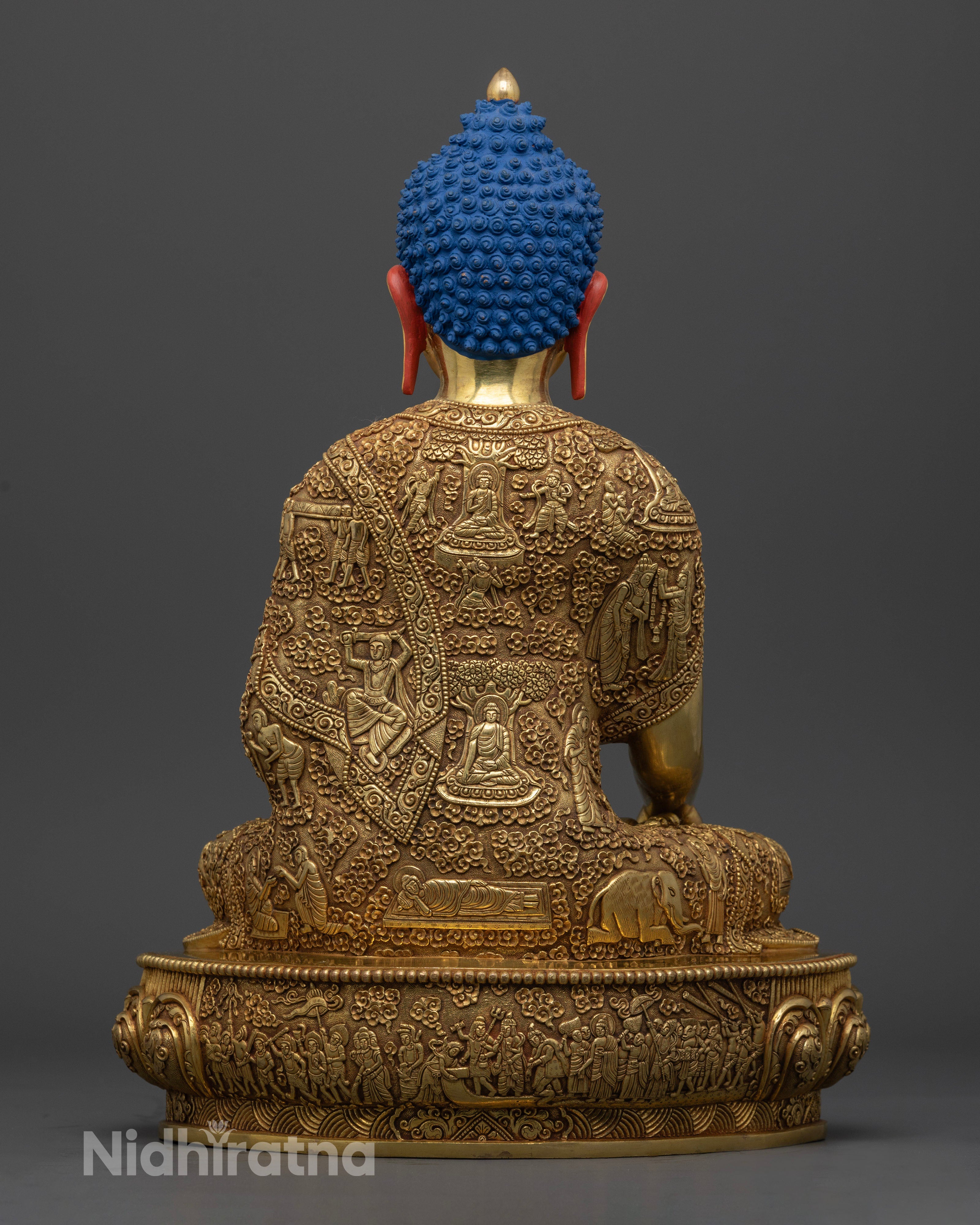 Back view Shakyamuni Buddha sculpture double lotus throne narrative carvings sacred art