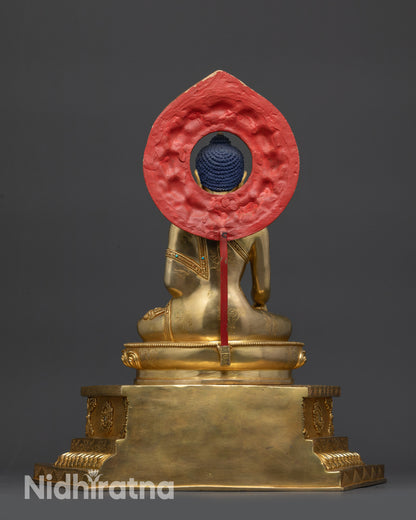 Back view Shakyamuni Buddha sculpture gold fire gilded throne lotus seat details