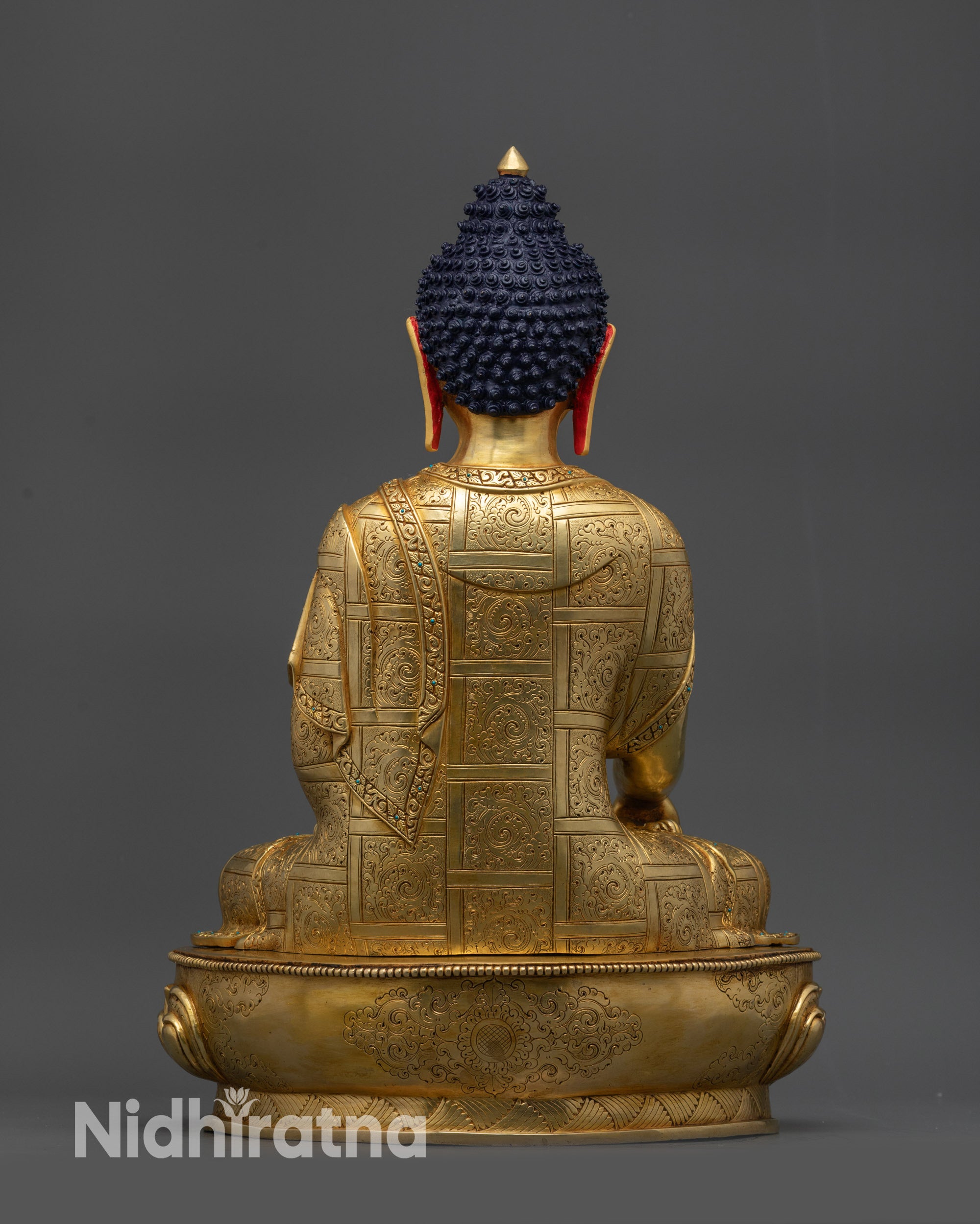 Back view Shakyamuni Buddha statue hand-carved robes gold-fire gilded copper alloy