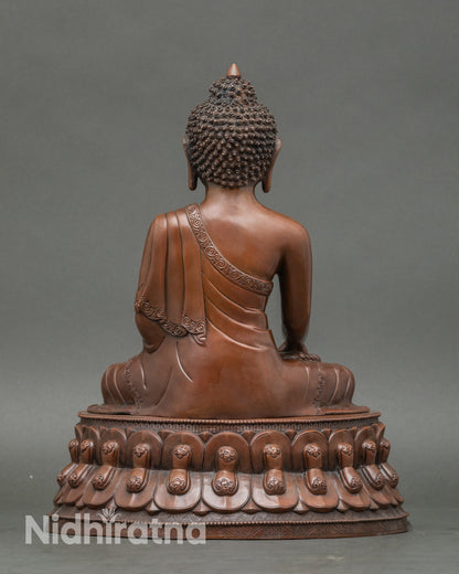 Back view Shakyamuni Buddha statue handmade by Newari artisan oxidized Buddhist sculpture