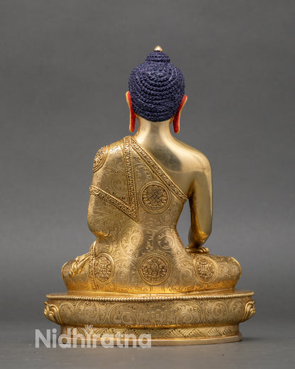 Back view Shakyamuni Buddha statue intricate Tibetan symbols lotus pedestal craftsmanship