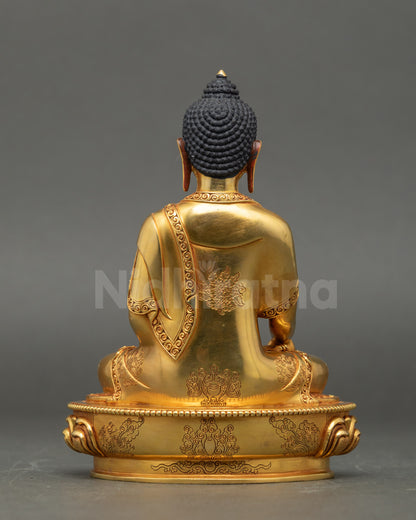 Back view Shakyamuni Buddha statue lotus seat and carved robe Himalayan Buddhist decor