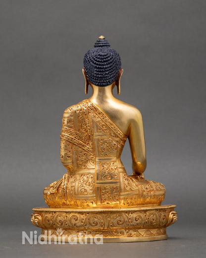 Back view Shakyamuni Buddha statue lotus throne detailed Himalayan craftsmanship