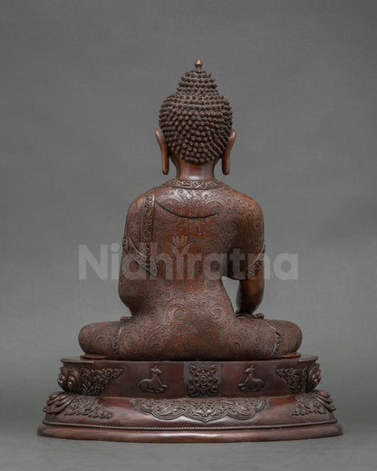 Back view Shakyamuni Buddha statue oxidized copper handmade Nepalese art