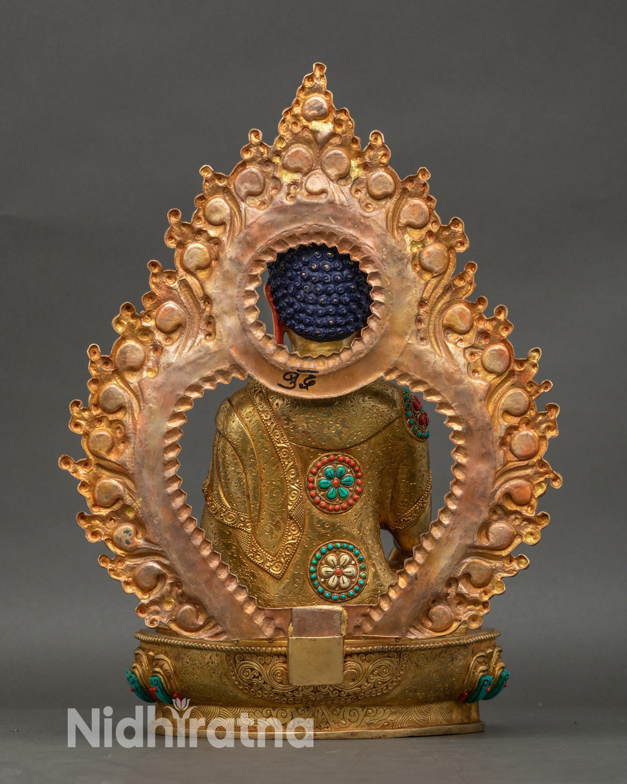 Back view Shakyamuni Buddha statue radiant halo copper gold gilded handmade art