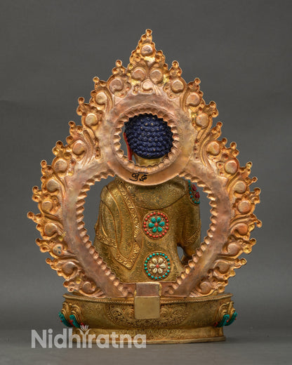 Back view Shakyamuni Buddha statue radiant halo copper gold gilded handmade art