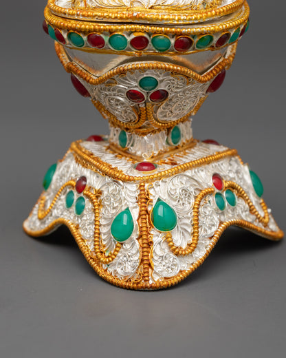 Back view Silver-Plated Kapala Set for Vajrayana skull offering rituals