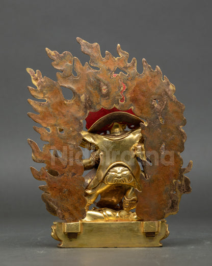 Back view Six-Armed Mahakala on lotus throne with wisdom flame halo, sacred altar art