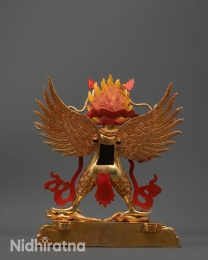 Back view Spiritual Garuda Dev Statue with detailed carved wings and blazing halo