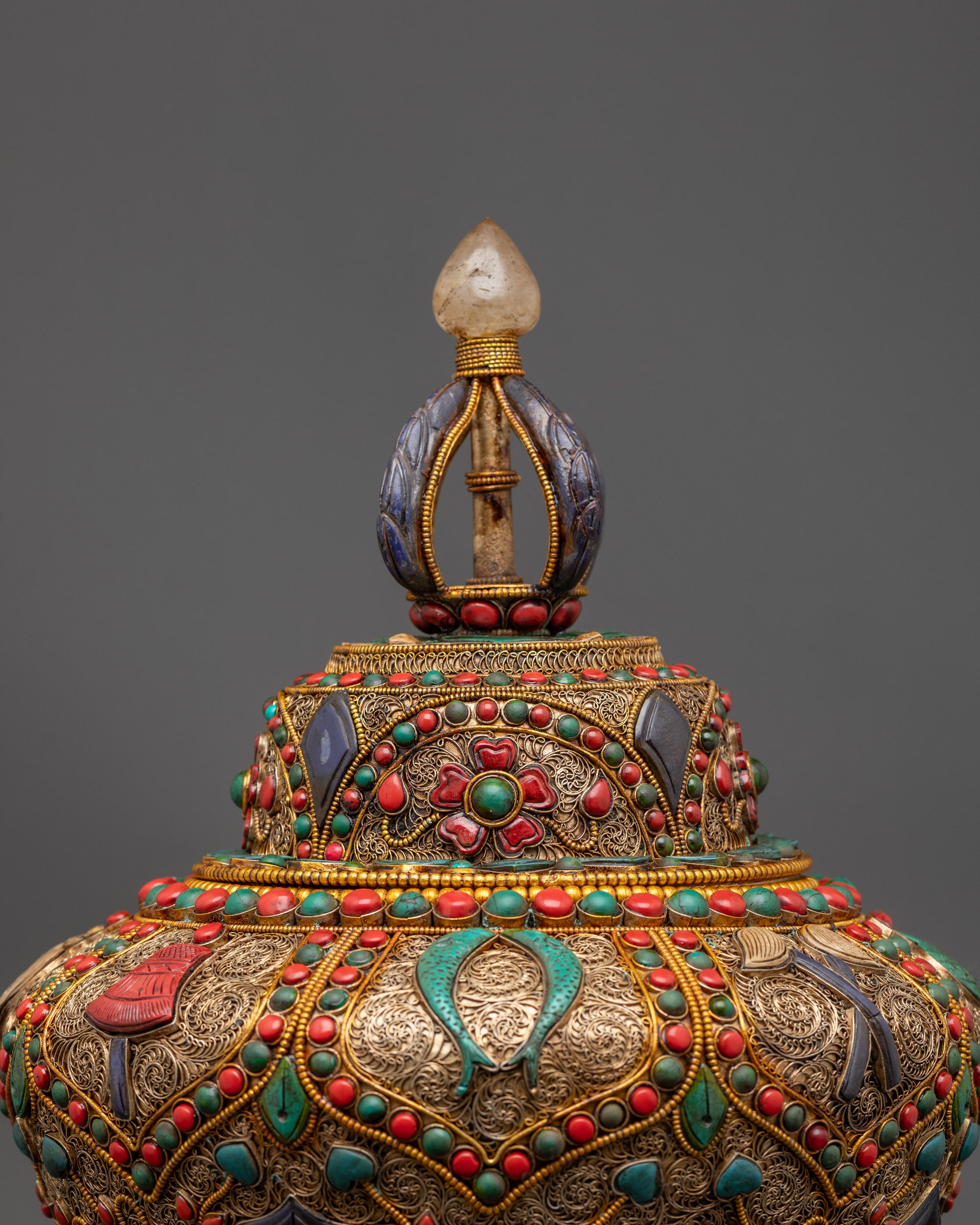 Back view Tibetan Auspicious Rice Pot with intricate filigree and crystal inlaid lid