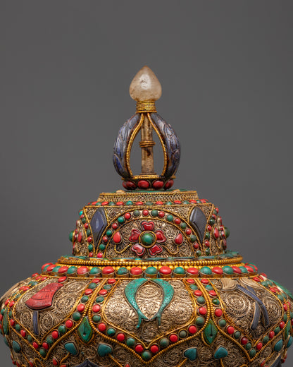 Back view Tibetan Auspicious Rice Pot with intricate filigree and crystal inlaid lid